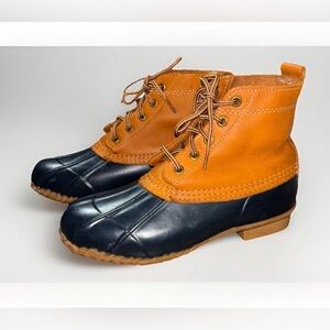 VTG Eddie Bauer Womens 6  Duck Boots Tan Leather‎ Navy Lace Up Winter Rain Shoes